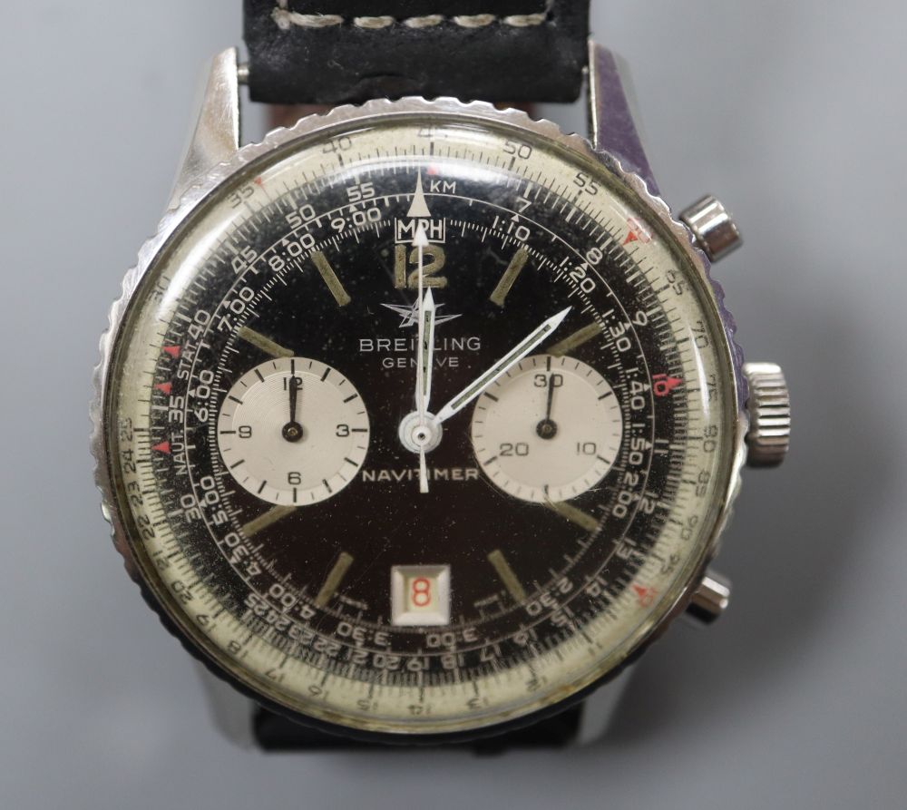 A gentlemans early 1970s stainless steel Breitling Navitimer chronograph manual wind wrist watch